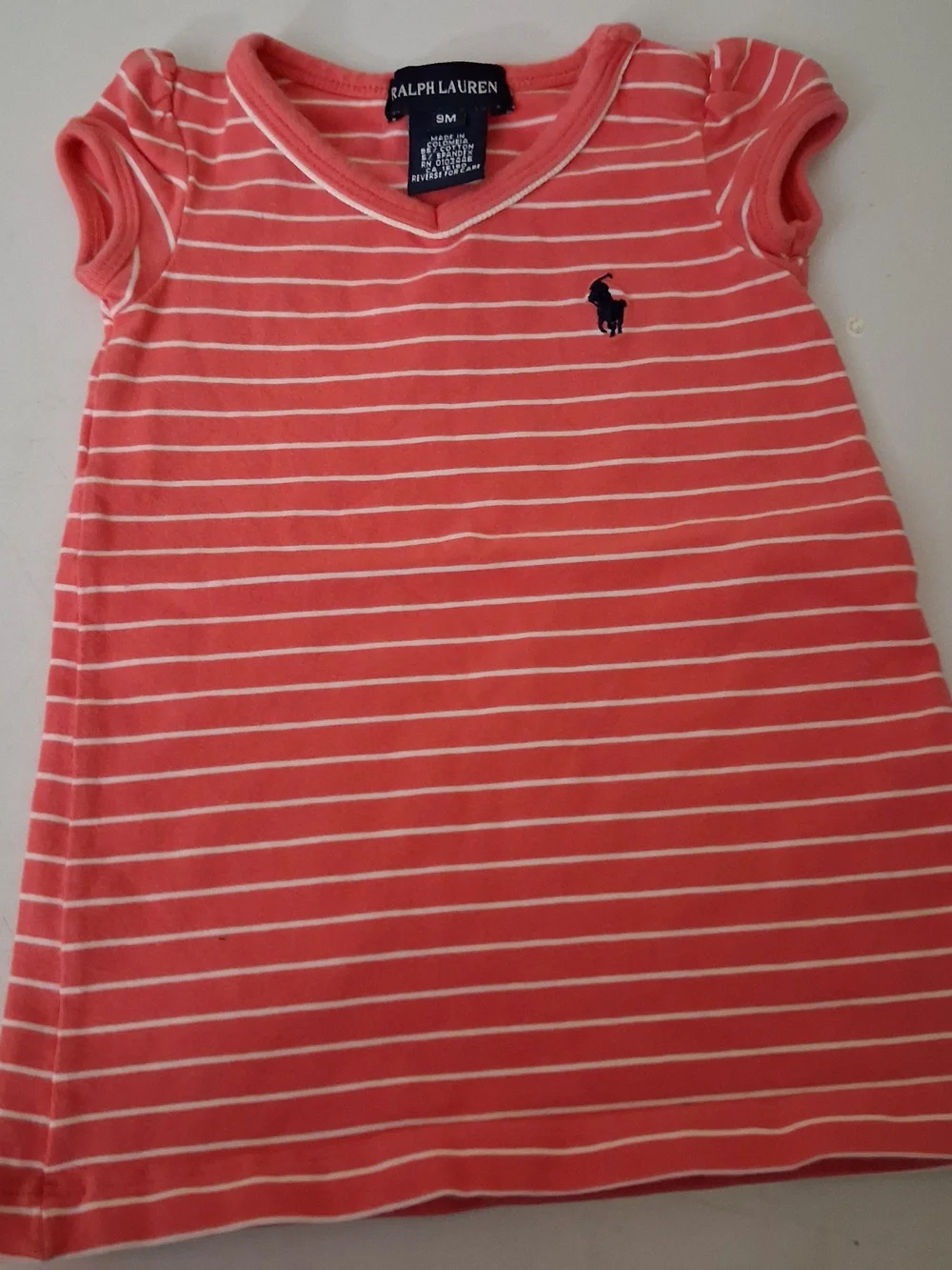 Ralph Lauren Baby Girls Coral Pink White Striped V-Neck Knit Dress 9M